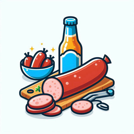 Sausage and ketchup on a wooden board. Vector illustrationのイラスト素材