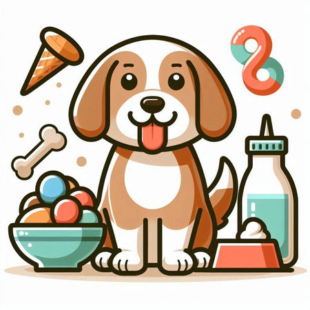 Cute cartoon dog with food and toys. Vector illustration for your designのイラスト素材