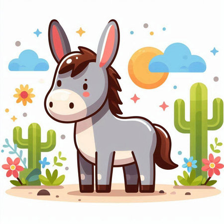 Donkey in the desert with cactuses and flowers. Vector illustration.のイラスト素材