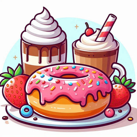 Donut and cupcake with whipped cream. Vector cartoon illustration.のイラスト素材