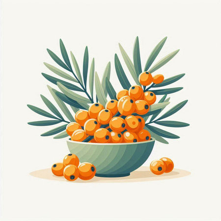 Sea buckthorn berries in a bowl with leaves. Vector illustration.のイラスト素材