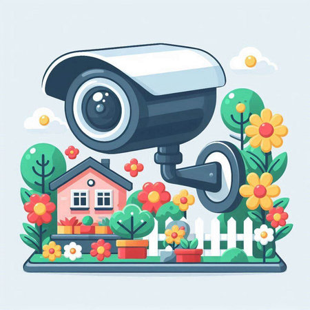 Vector illustration of security camera in front of the house with flowers.のイラスト素材