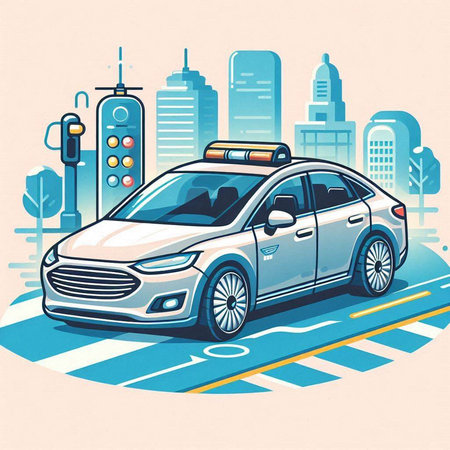 Taxi car in the city. Vector illustration in retro style.のイラスト素材