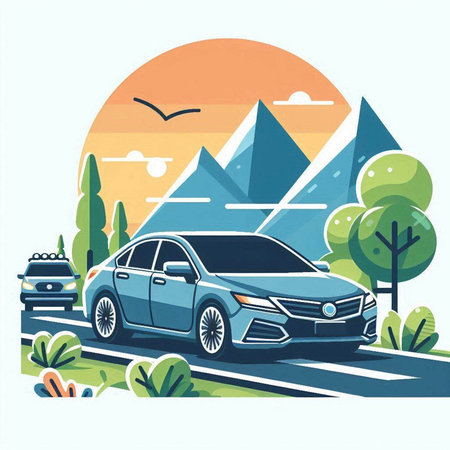 Car on the road in the mountains. Vector illustration in flat styleのイラスト素材