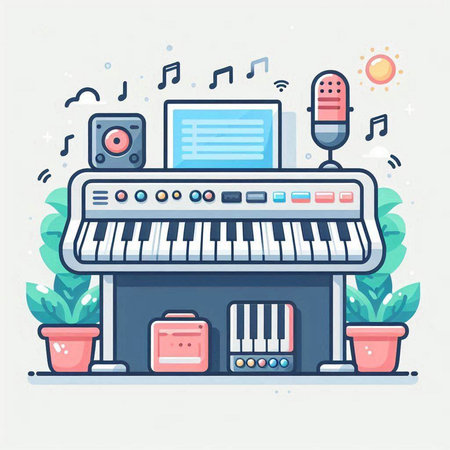 Piano and music concept. Vector illustration in flat cartoon style.のイラスト素材