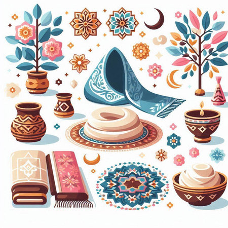 Vector set of decorative objects in oriental style. Hand drawn elements for your design.のイラスト素材
