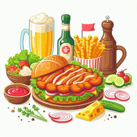 Vector illustration of fried chicken, french fries, beer and vegetables.のイラスト素材