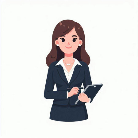 Business woman with clipboard and pen isolated on white background. Vector illustration.のイラスト素材