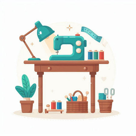 Sewing machine with tools and accessories. Vector illustration in cartoon styleのイラスト素材