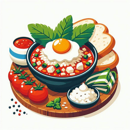 Illustration of a bowl of tomato soup with fried egg and breadのイラスト素材
