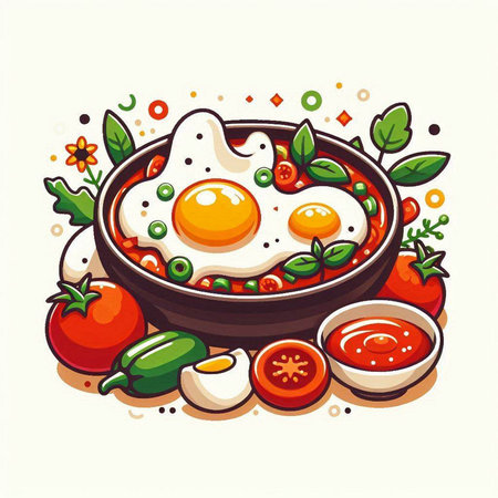 Fried eggs in a frying pan with vegetables. Vector illustration.のイラスト素材