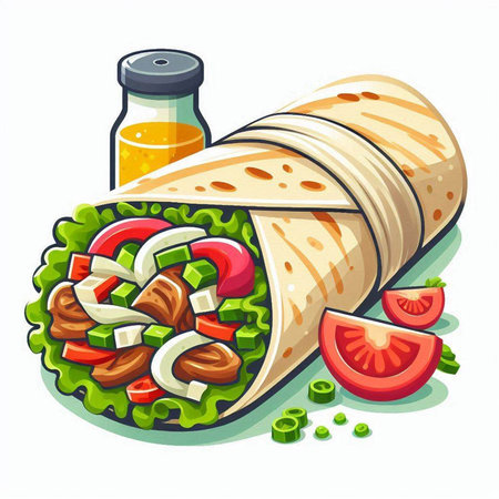 Vector illustration of a tortilla with meat and vegetables on a white backgroundのイラスト素材