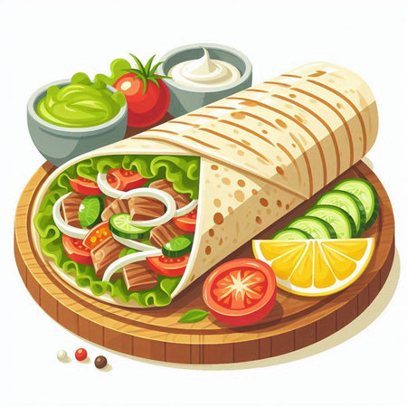 Tortilla wrap with meat, vegetables and sauce. Vector illustration.のイラスト素材
