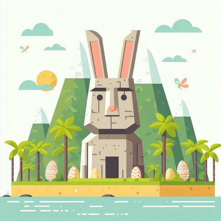 Easter bunny on the beach. Vector illustration in flat style.のイラスト素材