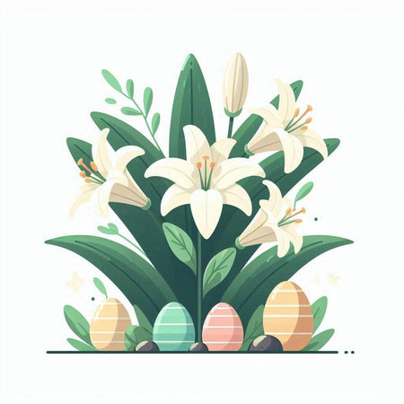 Easter greeting card with flowers, eggs and lilies. Vector illustration.のイラスト素材