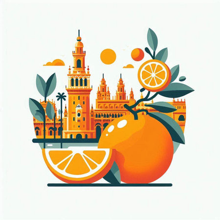 Citrus background with famous landmarks of Spain. Vector illustration.のイラスト素材