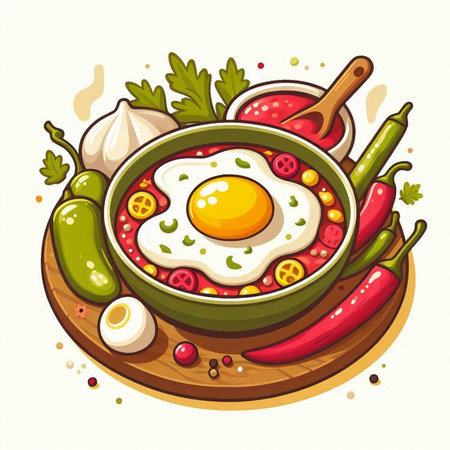 Fried egg in pan with vegetables and spices. Vector illustration.のイラスト素材