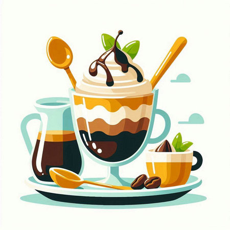 Coffee cup with whipped cream, coffee beans and spoon. Vector illustrationのイラスト素材