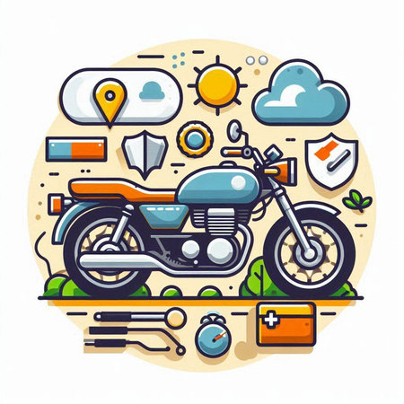 Vector illustration of motorcycle with different icons. Modern flat style design.のイラスト素材