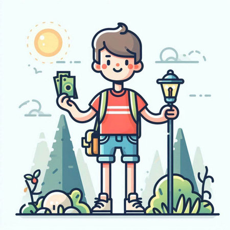 Tourist boy with money and lantern. Vector illustration in thin line style.のイラスト素材