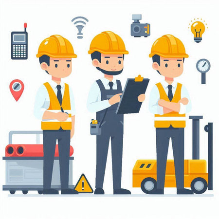 Engineer and worker with tools and equipment. Flat design vector illustration.のイラスト素材
