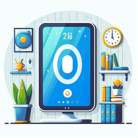 Vector illustration of modern interior design with computer display, bookshelf, bookshelf, coffee table, clock and plant. Flat style design.のイラスト素材