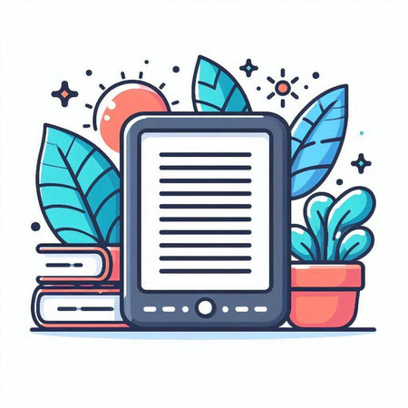 Tablet computer with books and flowers. Modern flat vector illustration.のイラスト素材
