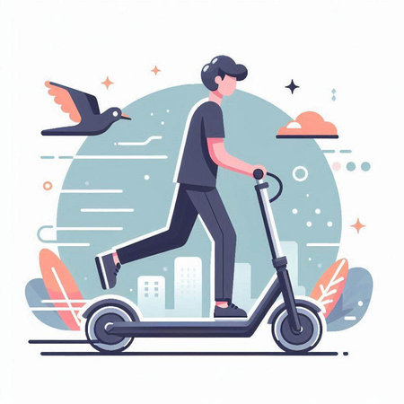 Electric scooter with briefcase. Vector illustration in flat style.のイラスト素材