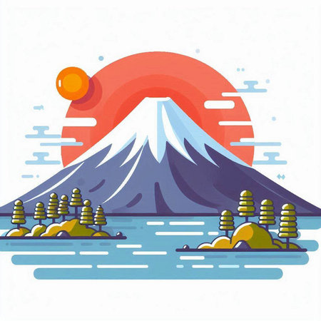 Mt. Fuji and lake at sunset. Vector illustration in flat style.のイラスト素材
