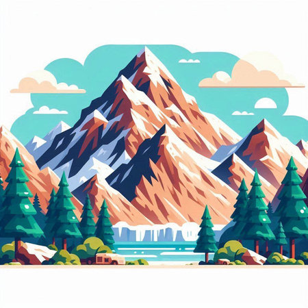 Mountain landscape with forest and lake. Vector illustration in flat styleのイラスト素材