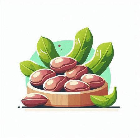 Coffee bean in wooden bowl with green leaves. Vector illustration.のイラスト素材