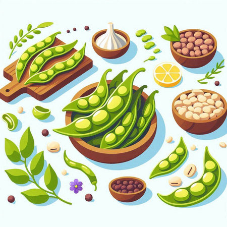 Vector illustration of fresh green soy beans with leaves and seeds in wooden bowl.のイラスト素材