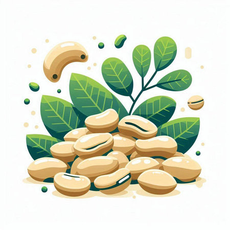 Illustration of soybeans with green leaves on a white background.のイラスト素材