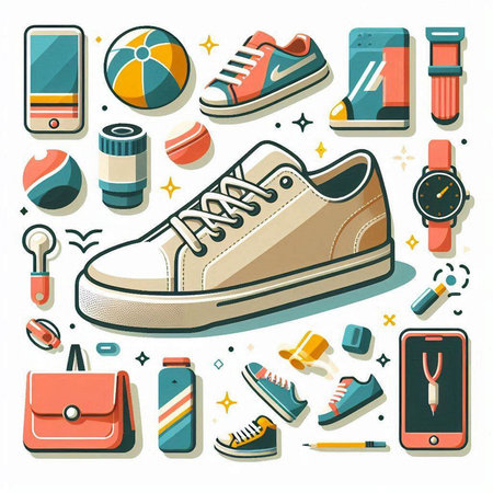 Sneakers and accessories in flat design. Vector illustration. Isolated objects on white background.のイラスト素材