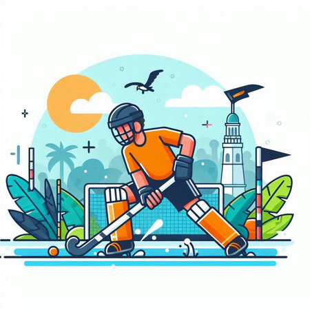 Hockey player in helmet and gloves on the background of the stadium. Vector illustrationのイラスト素材