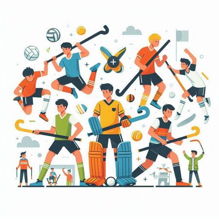 Cricket players flat vector illustration. Cartoon characters playing cricket, hockey, football, soccer, bowling, hockey, rugby, badminton.のイラスト素材