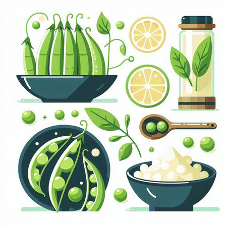 Set of green pea pods and ingredients. Vector illustration in flat style.のイラスト素材