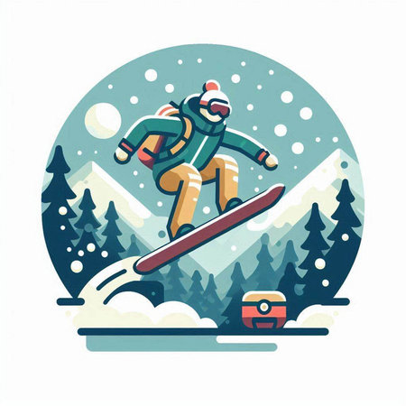 Snowboarder in the mountains, vector illustration. Flat style.のイラスト素材