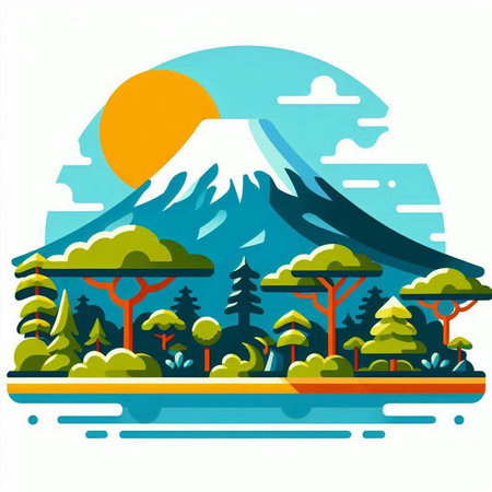 Mt Fuji with trees and lake. Vector illustration in flat styleのイラスト素材