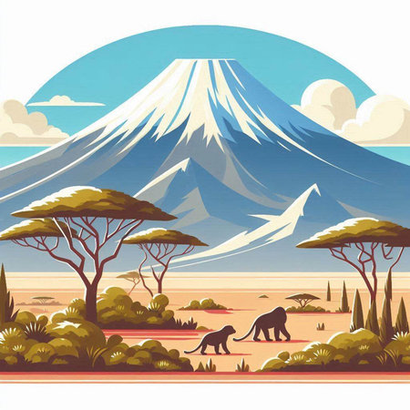 Illustration of Mount Fuji with wild animals in the savanna.のイラスト素材