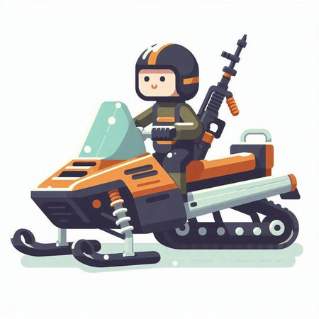 Cartoon illustration of a snowmobile with a soldier on it.のイラスト素材