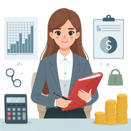 Businesswoman with notebook and calculator. Vector illustration in cartoon style.のイラスト素材