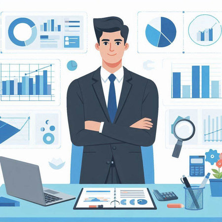 Businessman in office. Vector illustration in flat style. Businessman in office.のイラスト素材