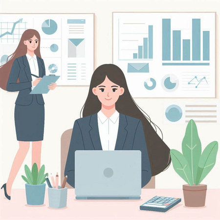 Business woman working with laptop in office. Vector illustration in flat styleのイラスト素材
