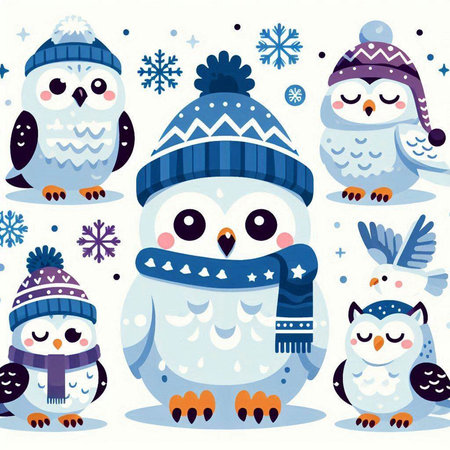Seamless pattern with cute cartoon owls in winter clothes. Vector illustration.のイラスト素材