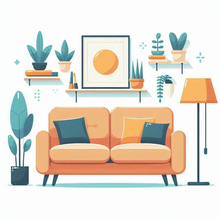 Living room with sofa, lamp and plants. Flat style vector illustration.のイラスト素材