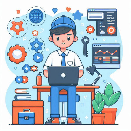 Businessman working on laptop at office. Vector illustration in cartoon styleのイラスト素材