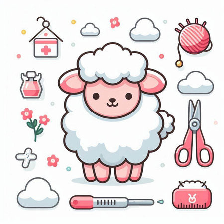 Cute cartoon sheep with different icons on white background. Vector illustration.のイラスト素材