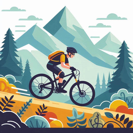 Cyclist riding a bicycle in the mountains. Vector illustration.のイラスト素材