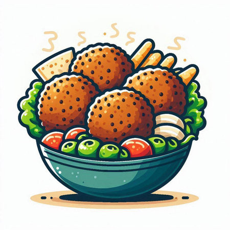 Illustration of a bowl of fresh salad with meatballs on a white backgroundのイラスト素材